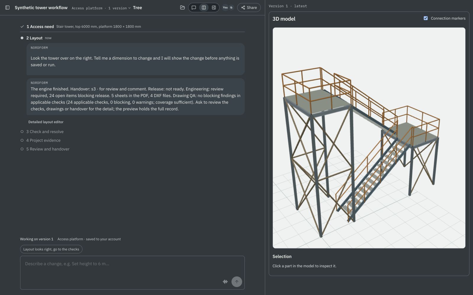 Nordform workspace showing a source revision, conversation and an access-platform model.