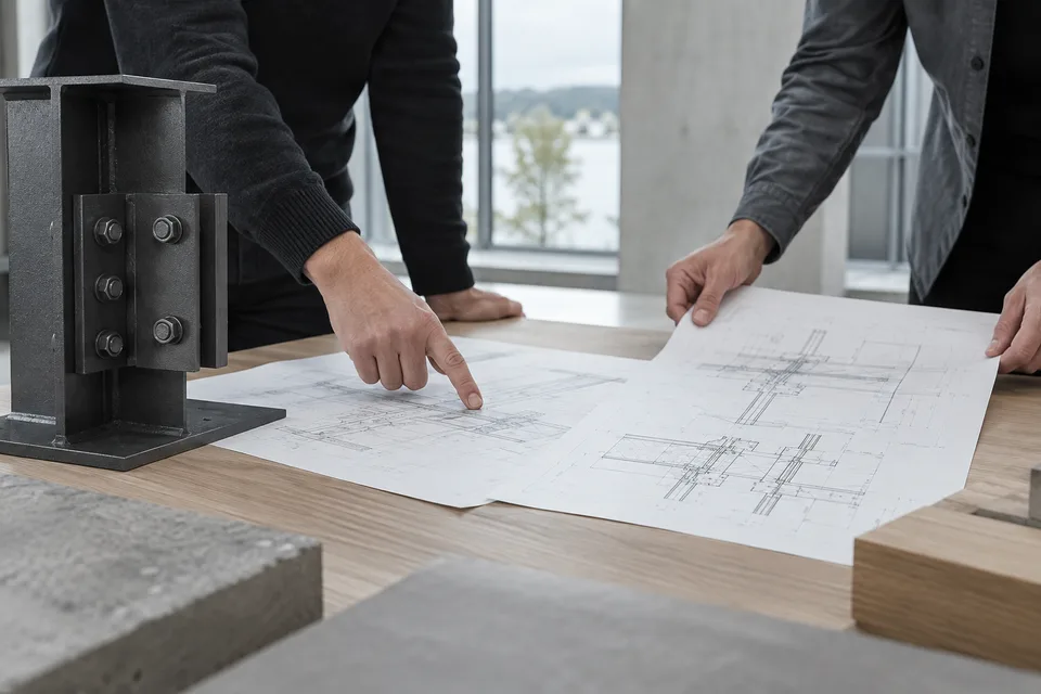 AI-generated close study of engineers comparing drawings beside a steel junction sample