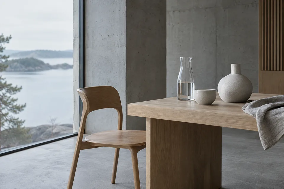 AI-generated still life of a bentwood chair, glass, ceramics and linen