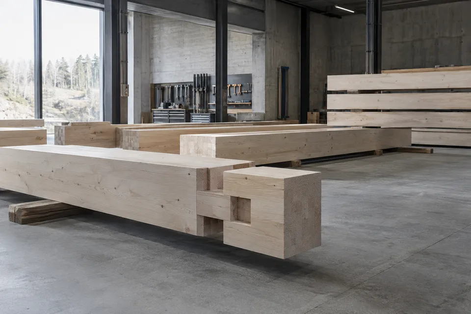 AI-generated study of full-scale engineered timber members in a workshop