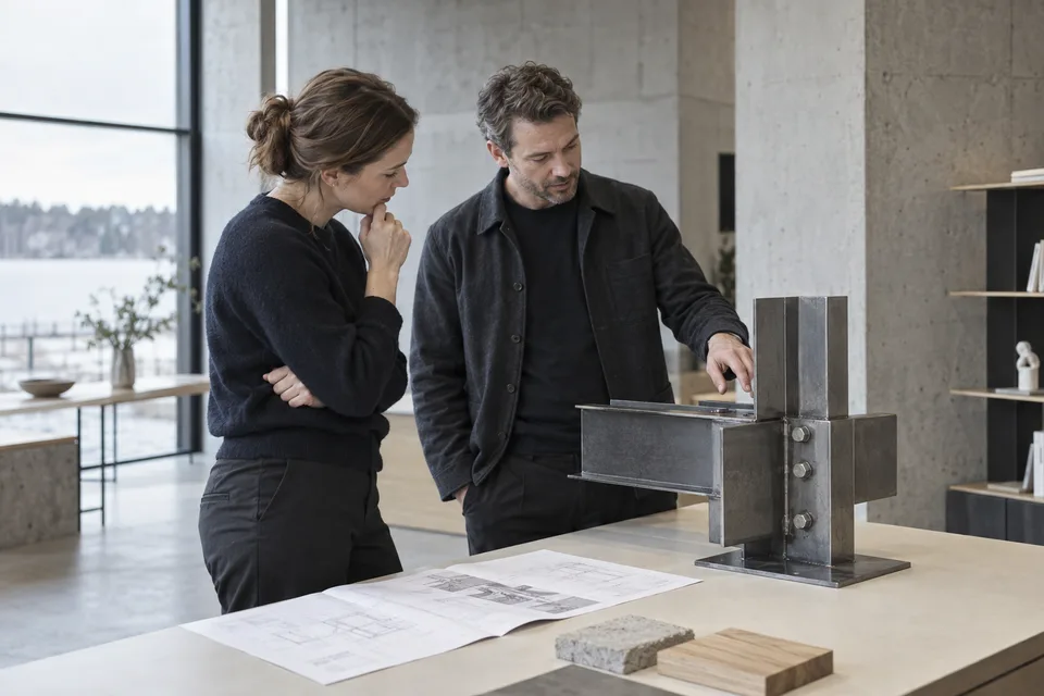 AI-generated editorial scene of two design professionals reviewing a full-scale steel sample