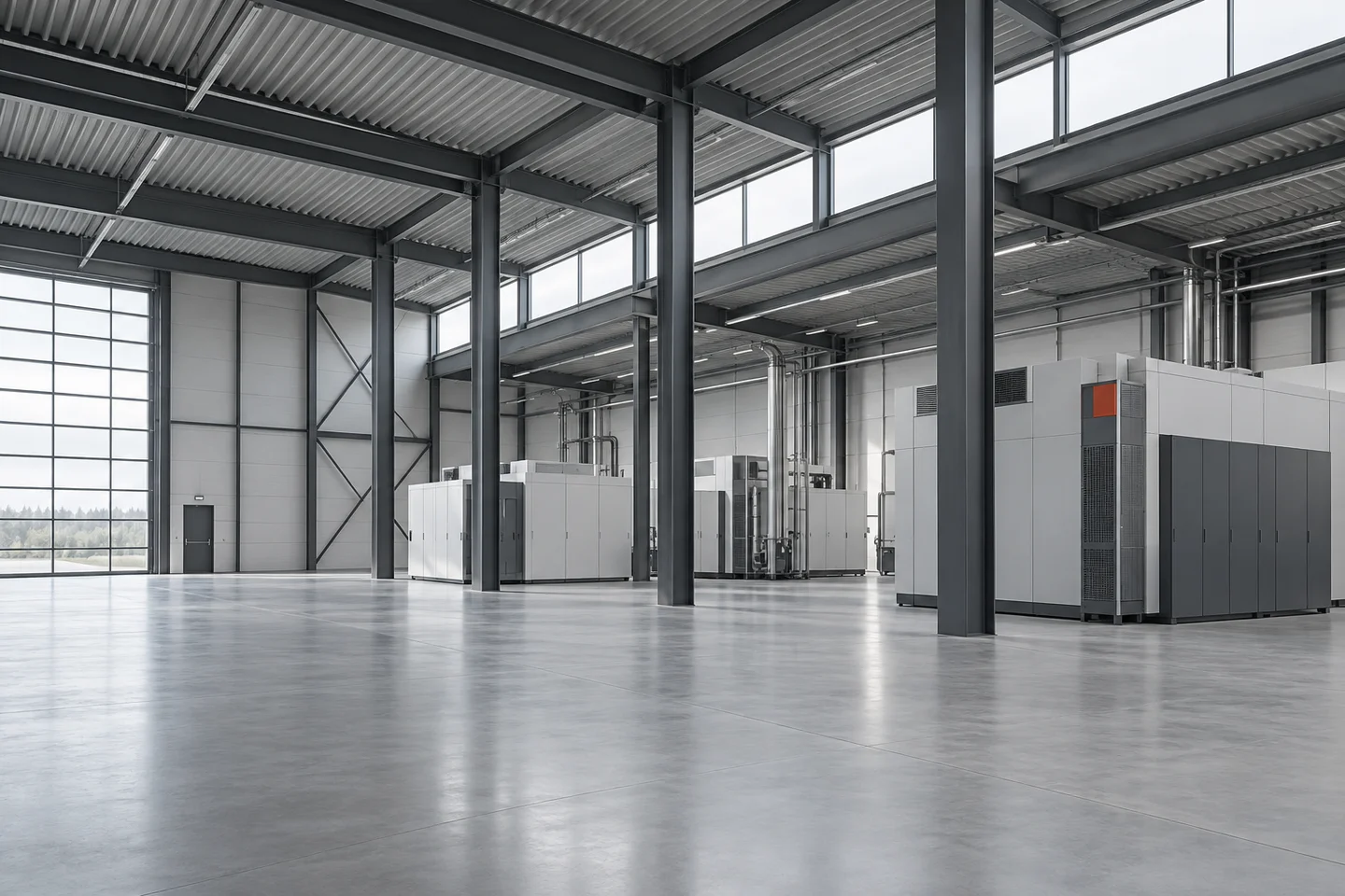 Illustrative industrial hall with steel structure, equipment and open access space