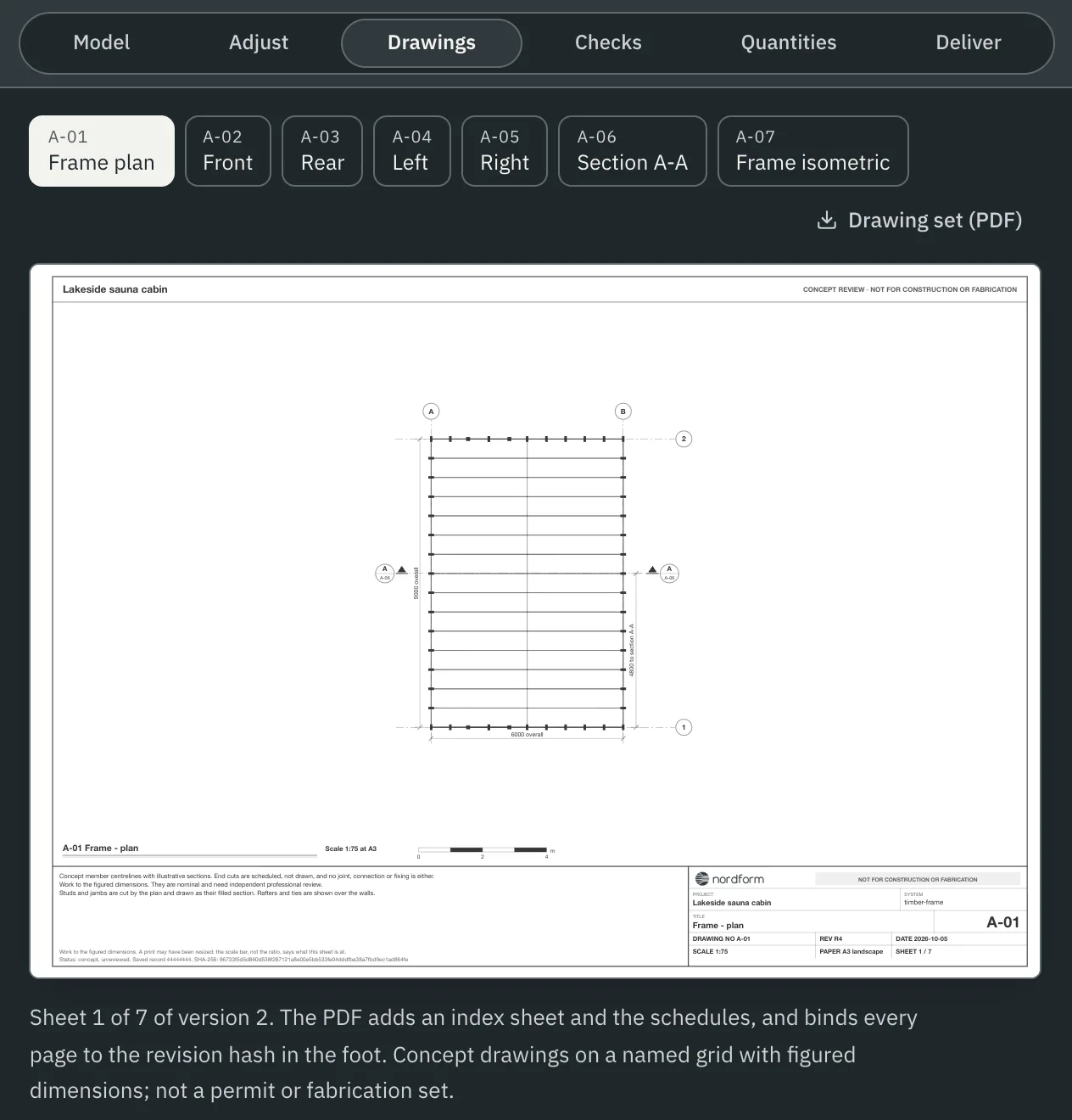 The Drawings sheet: sheets A-01 to A-07, the frame plan on an A3 sheet with a title block, and a Drawing set (PDF) download
