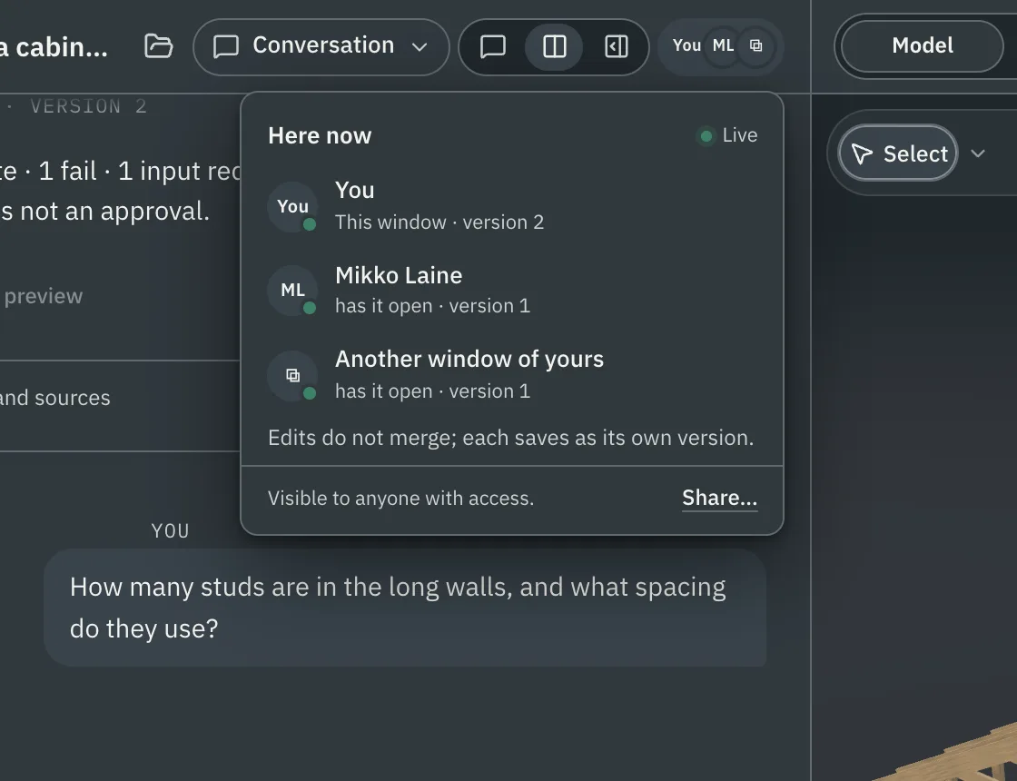 The Here now popover: you, a reviewer with the design open, and another window of yours