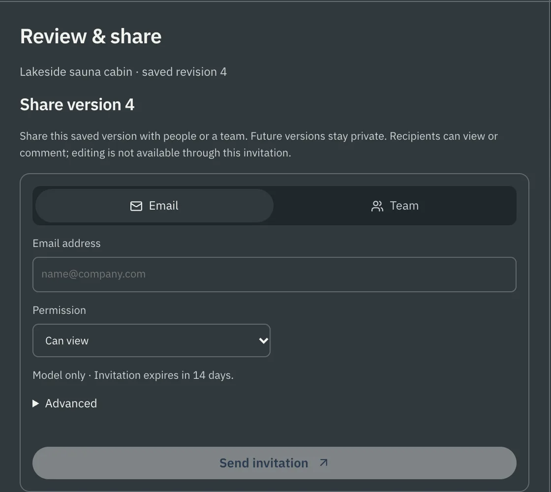 Review & share panel: share version 4 by email or with a team, with a permission choice and a 14-day expiry