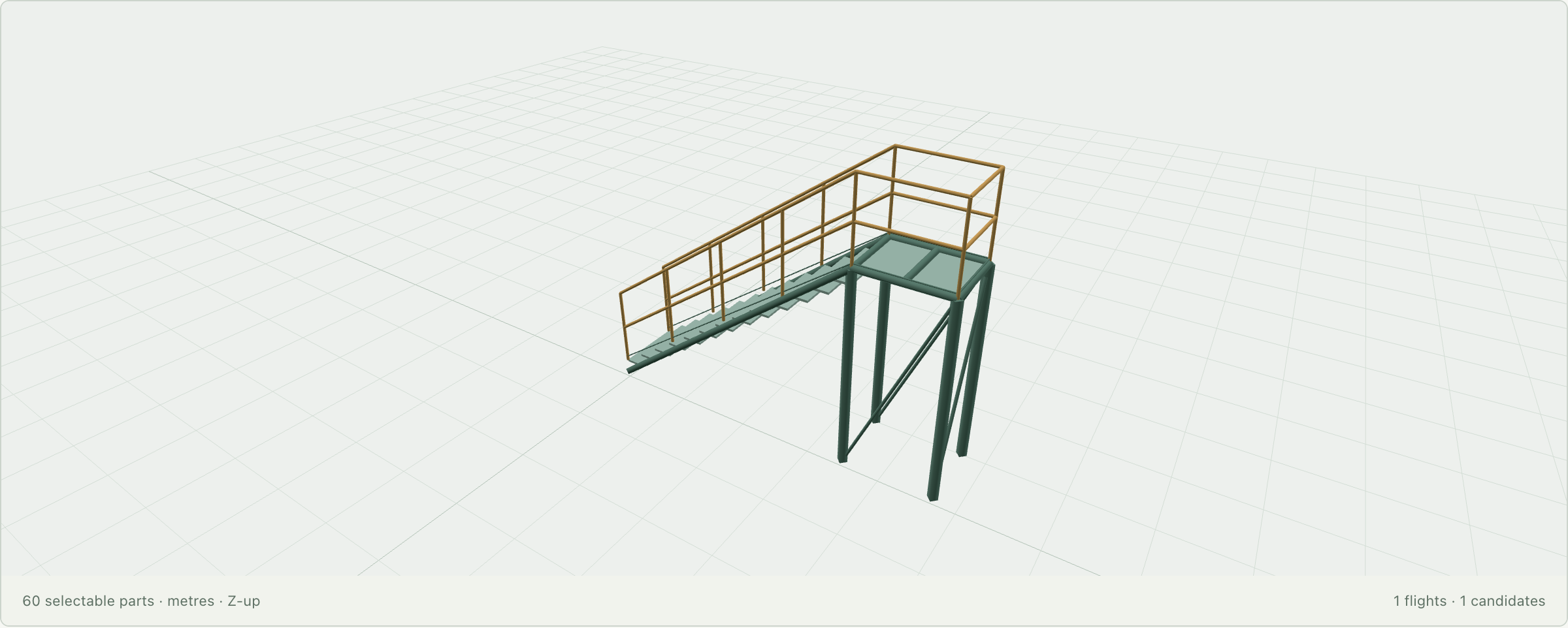 Local industrial access prototype showing a selectable stair and elevated platform with schematic railings and supports